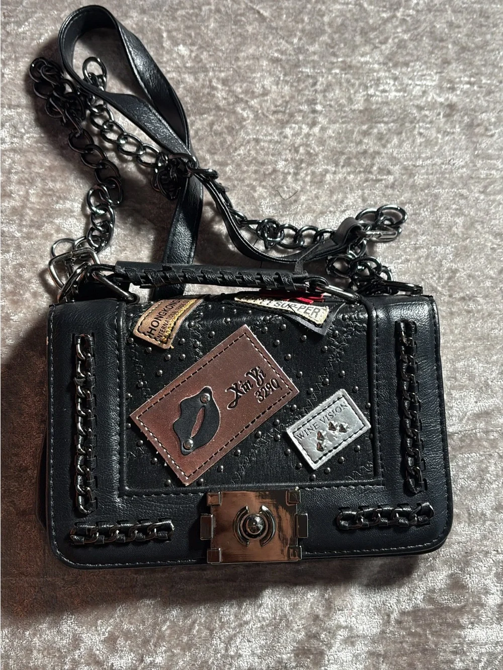 Black Crossbody Patch Detail Chain Bag